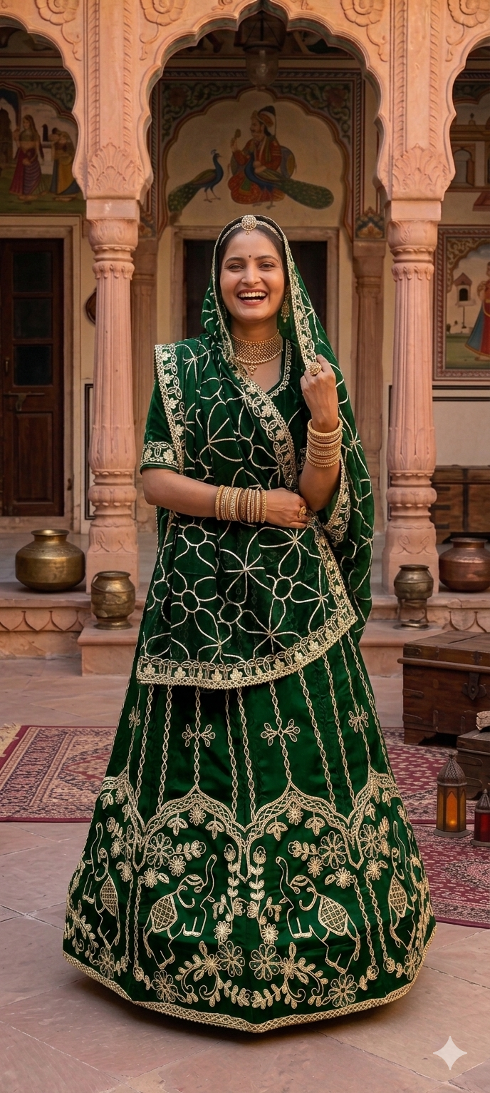 Green Pure Upada Silk Rajsthani Rajputi Lehenga Choli 