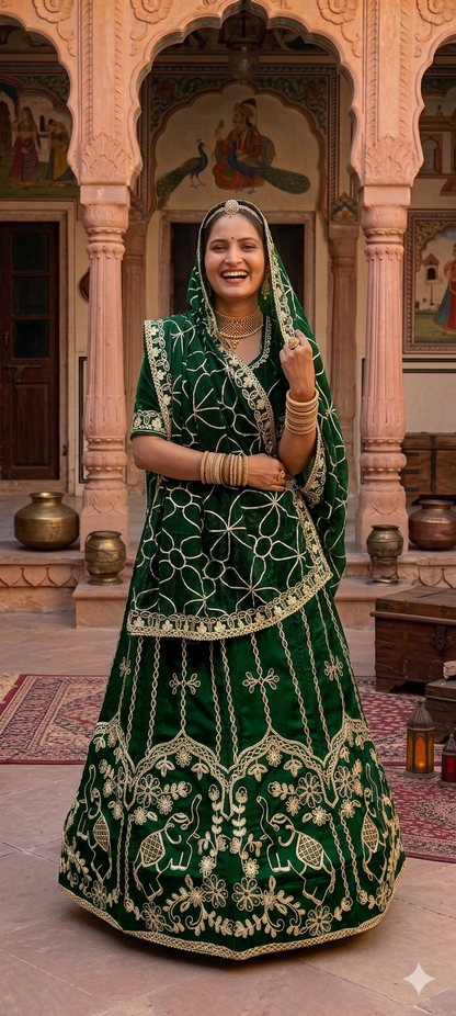 Green Pure Upada Silk Rajsthani Rajputi Lehenga Choli 