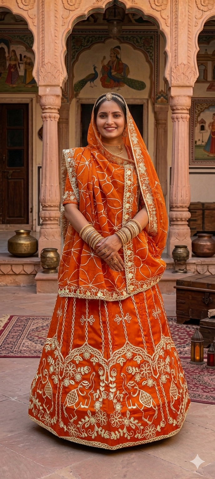 Orange Pure Upada Silk Rajsthani Rajputi Lehenga Choli 