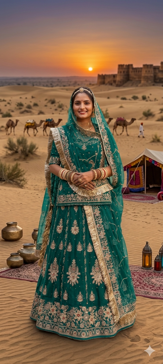 Teal Pure Georgette Chunri Rajsthani Rajputi Lehenga Choli 