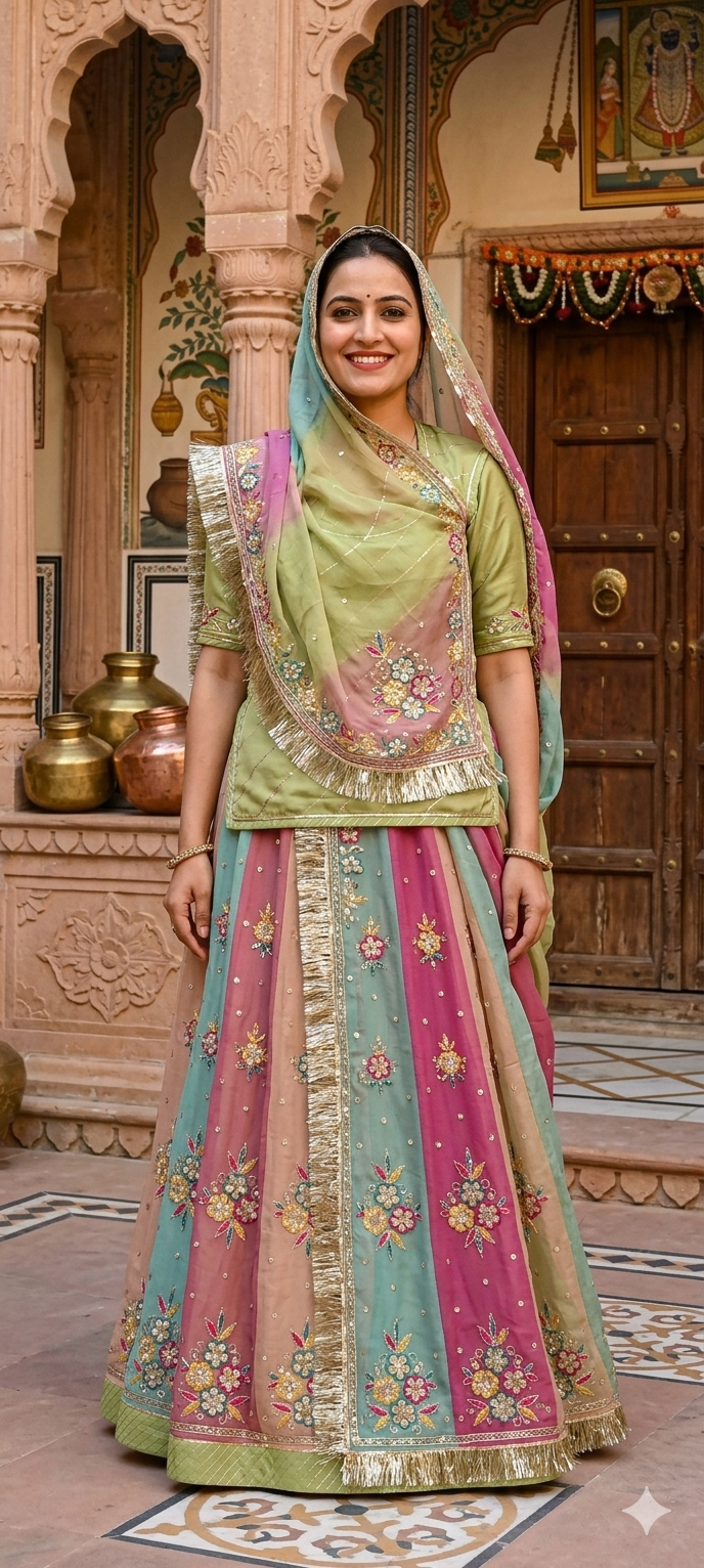 Green Pure Georgette Chunri Rajsthani Rajputi Lehenga Choli 