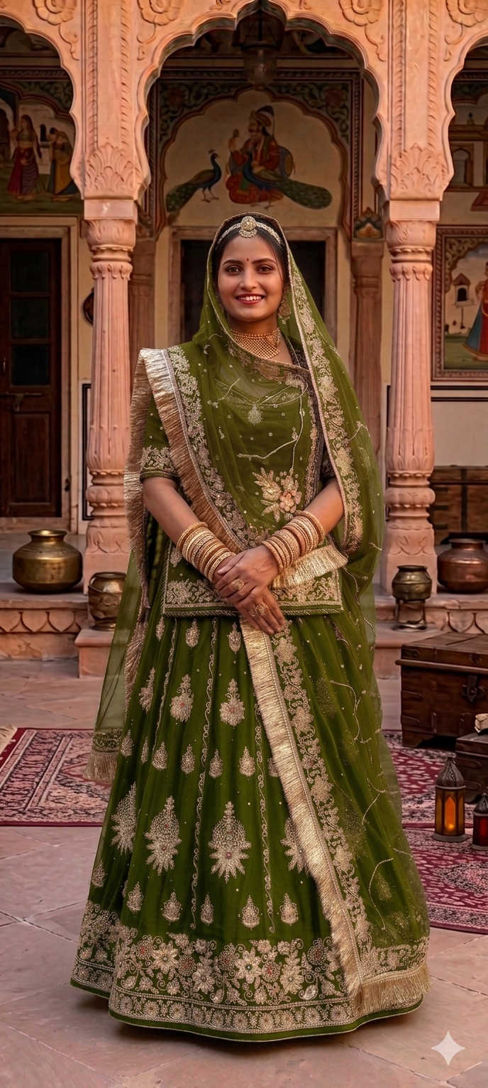 Mehandi Pure Georgette Chunri Rajsthani Rajputi Lehenga Choli 