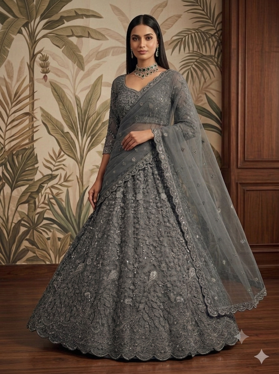 Grey Pure Heavy Net Monochrome Sequins Zari Embroidery Work Net Bridal Lehenga Choli