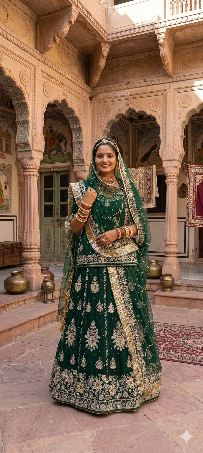 Green Pure Georgette Chunri Rajsthani Rajputi Lehenga Choli 