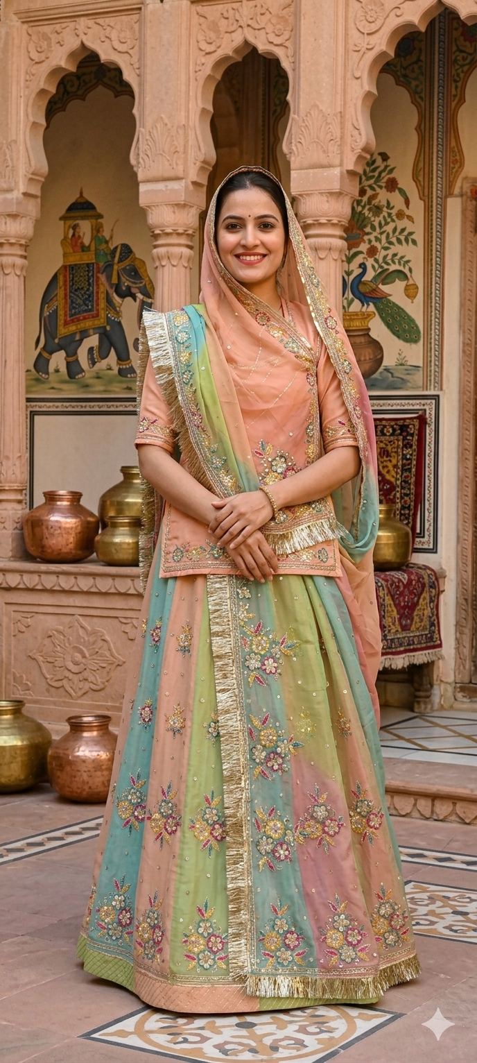 Peach Pure Georgette Chunri Rajsthani Rajputi Lehenga Choli 