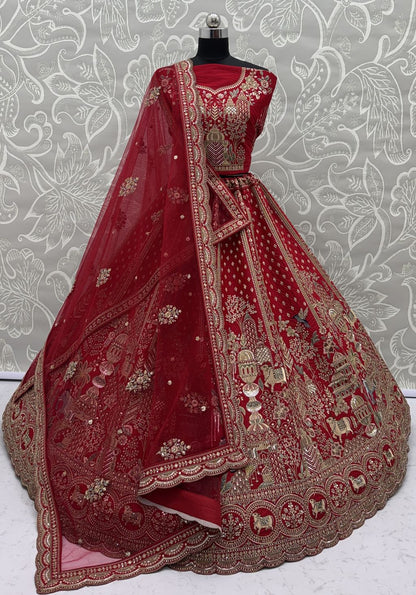 Red Pure Soft Gadwal Silk Heavy Embroidery Work Bridal Lehenga 