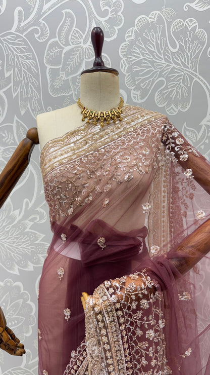 Wine Pure Premium Net Handwork Kasti &amp; Motif Zari Metallic Sequins Work Wedding Saree
