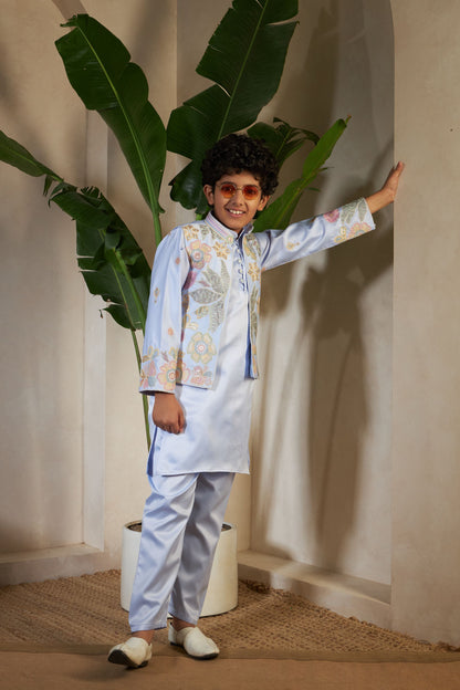 Sky Pure Satin Silk Kids Boy Kurta Pajama With Koti Jacket 