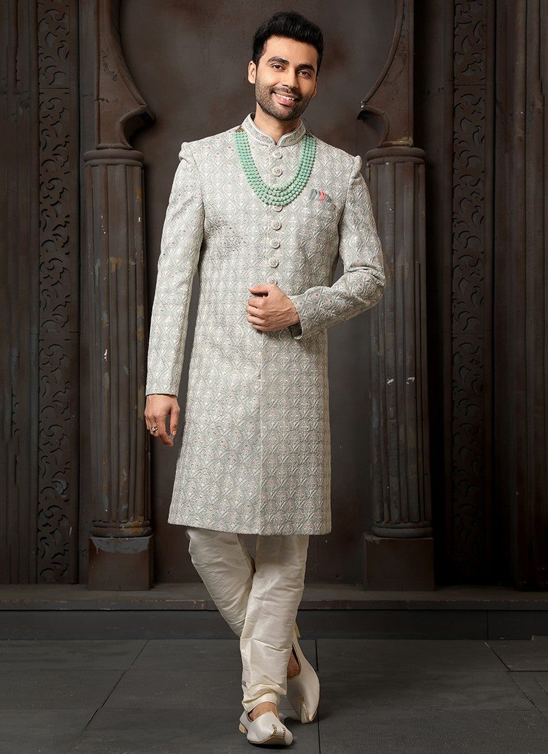 Grey and Peach Colour Wedding Wear Sherwani Suit D.No.1736 Anant Tex Exports Private Limited