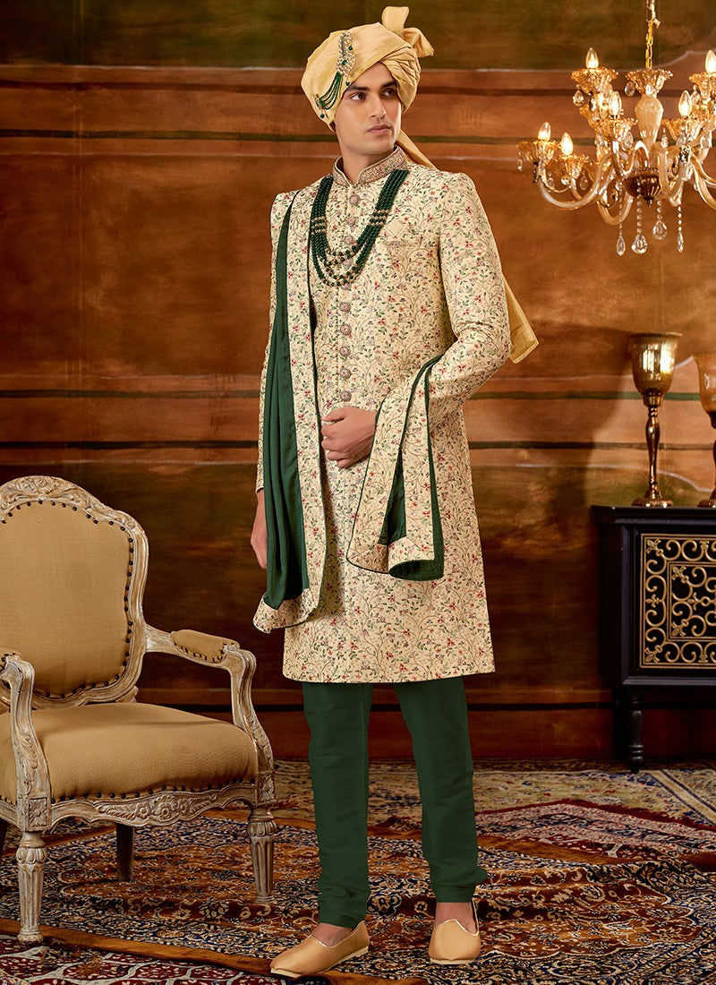 Green and Gold Colour Designer Exclusive Wedding Wear Sherwani Suit D.No.1035 Anant Tex Exports Private Limited