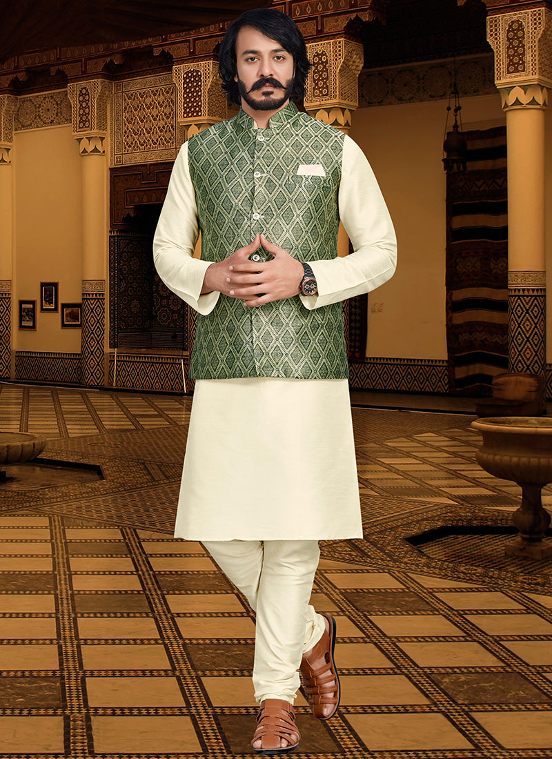 Green Colour Outluk 120 Occasion Wear Mens Modi Jacket Kurta Pajama  12001