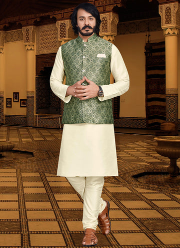 Green Colour Outluk 120 Occasion Wear Mens Modi Jacket Kurta Pajama D.No 12001