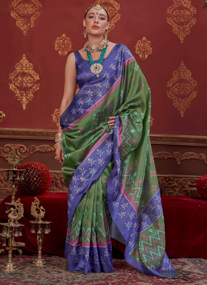 Green Pure Soft P.C Silk Ikkat Print Saree 