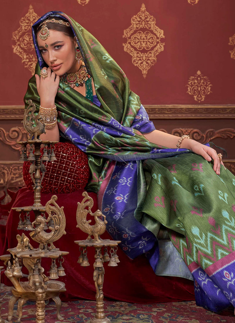 Green Pure Soft P.C Silk Ikkat Print Saree 