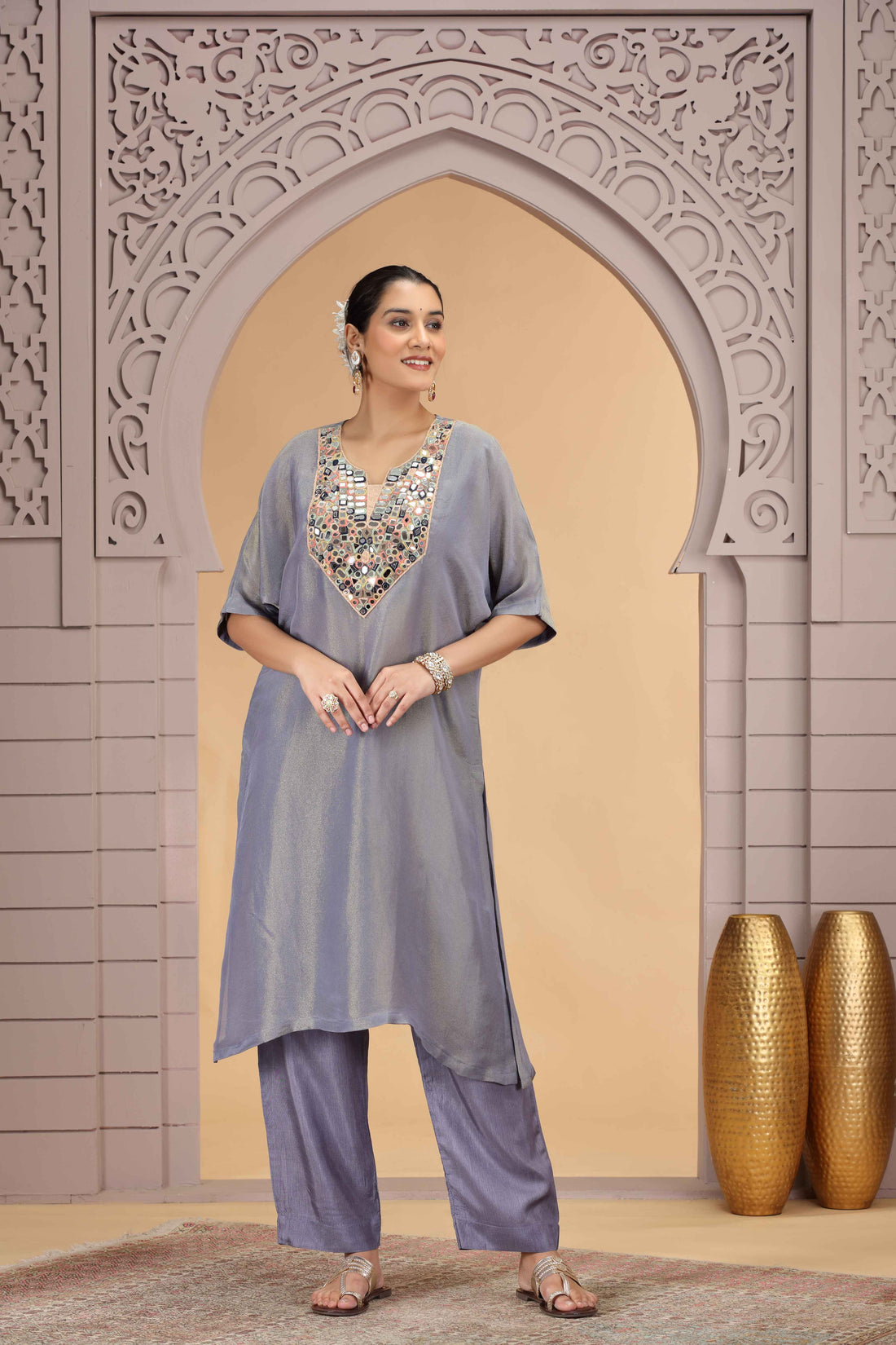Grey Organza Shimmer A-Line Kurta with Loose Pant Set Kurta Set Anant Tex Exports Pvt.Ltd..
