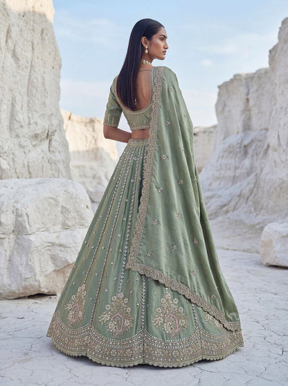 Pista Pure Soft Silk Heavy Sequins Embellishment Work Bridal Lehenga Choli 