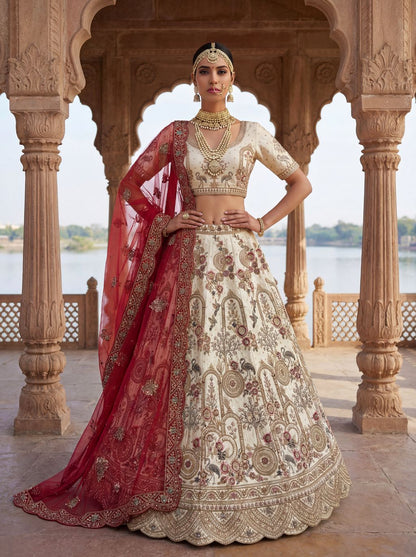 Off White Pure Soft Silk Heavy Embroidery Work Bridal Lehenga 