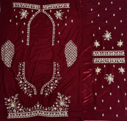 Red Pure Soft Velvet Heavy Embroidery Patch Work Bridal Lehenga