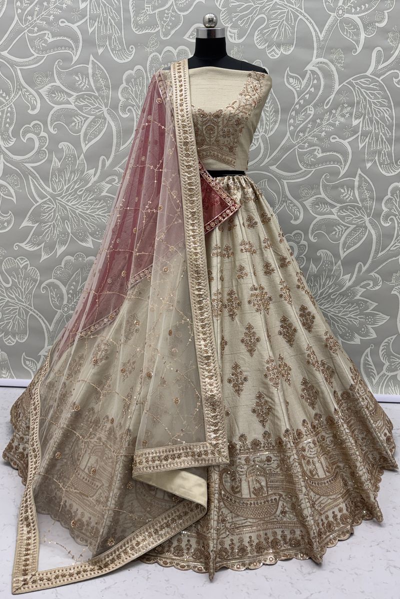 White Pure Soft Heavy Silk Sequins Embroidery Work Bridal Lehenga 