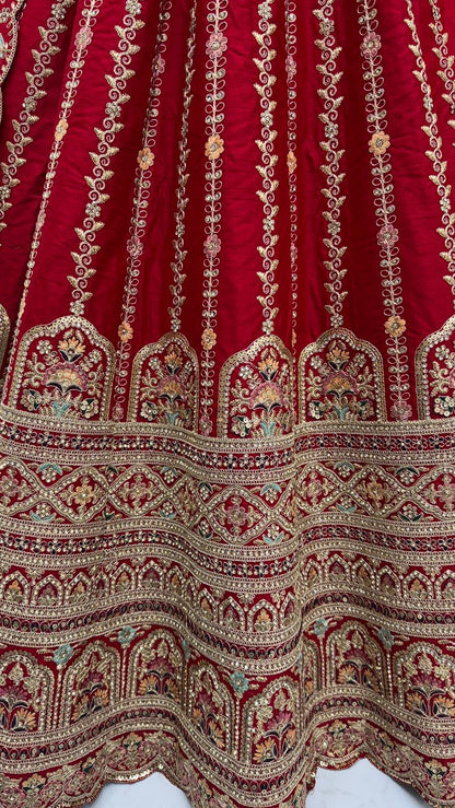 Red Pure Soft Gadhwal Silk Heavy Embroidery Work Bridal Lehenga