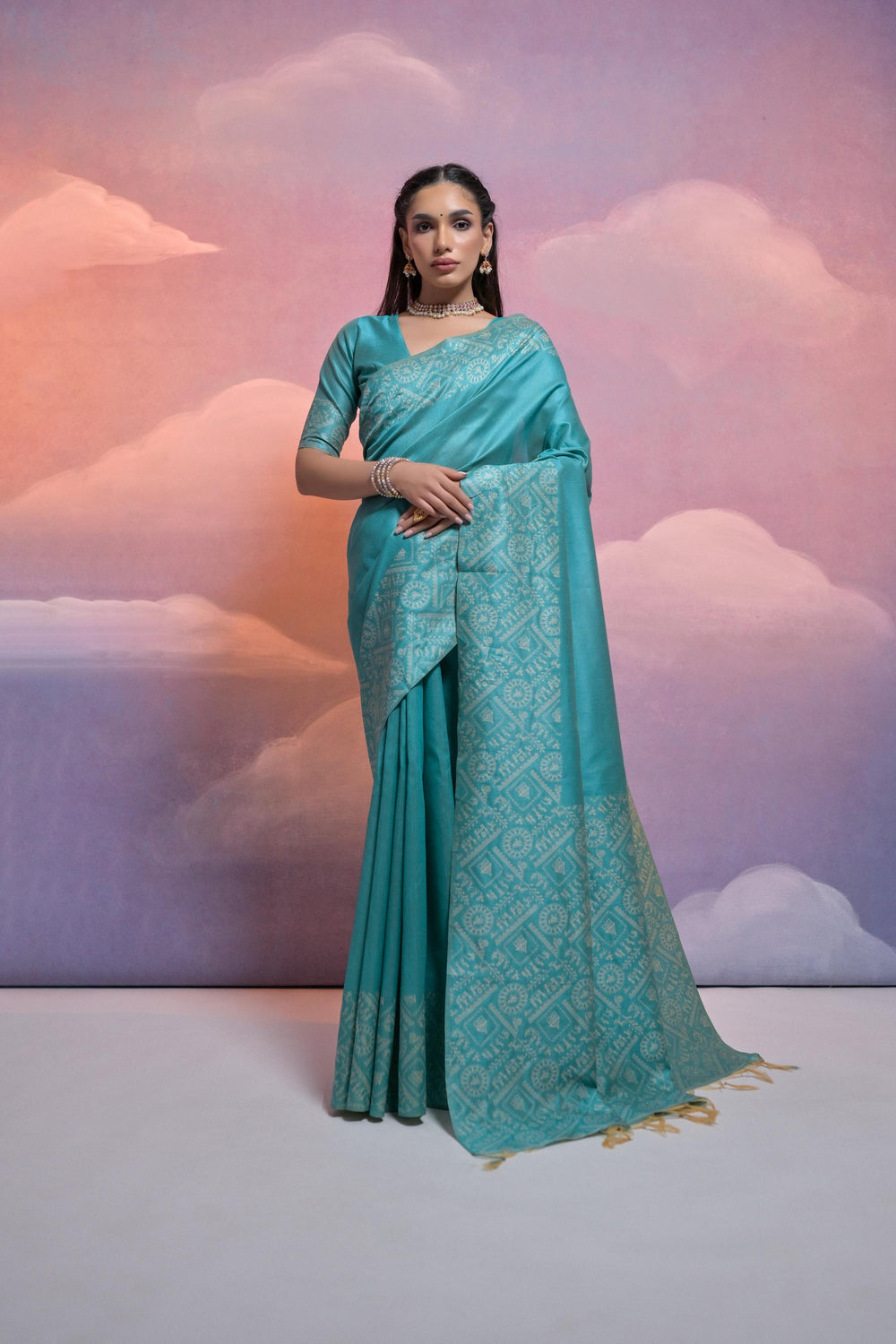 Firozi Pure Soft Bengalori Handloom Row Silk Saree