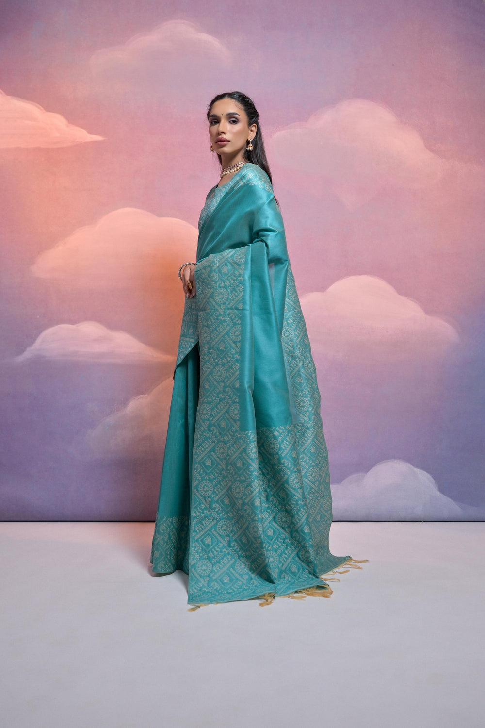 Firozi Pure Soft Bengalori Handloom Row Silk Saree