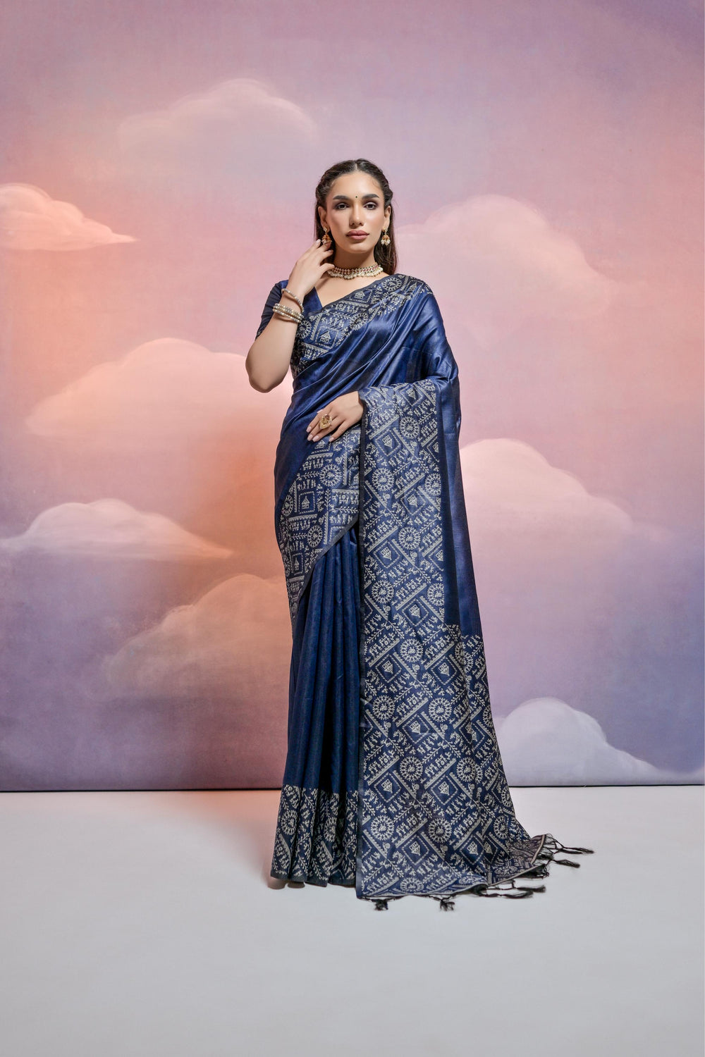 Navy Blue Pure Soft Bengalori Handloom Row Silk Saree