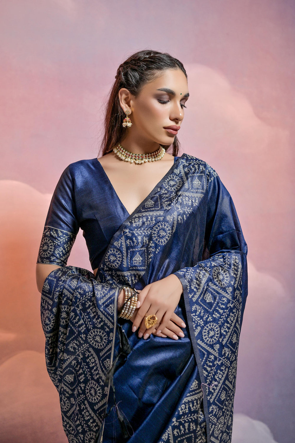 Navy Blue Pure Soft Bengalori Handloom Row Silk Saree
