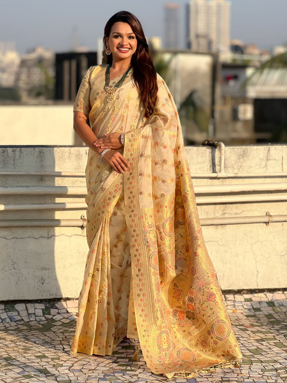 Cream Pure Kora Silk Leheriya Meenakari Weaves Kora Silk Saree ##color## Kora Silk Saree with premium fabric and embroidery