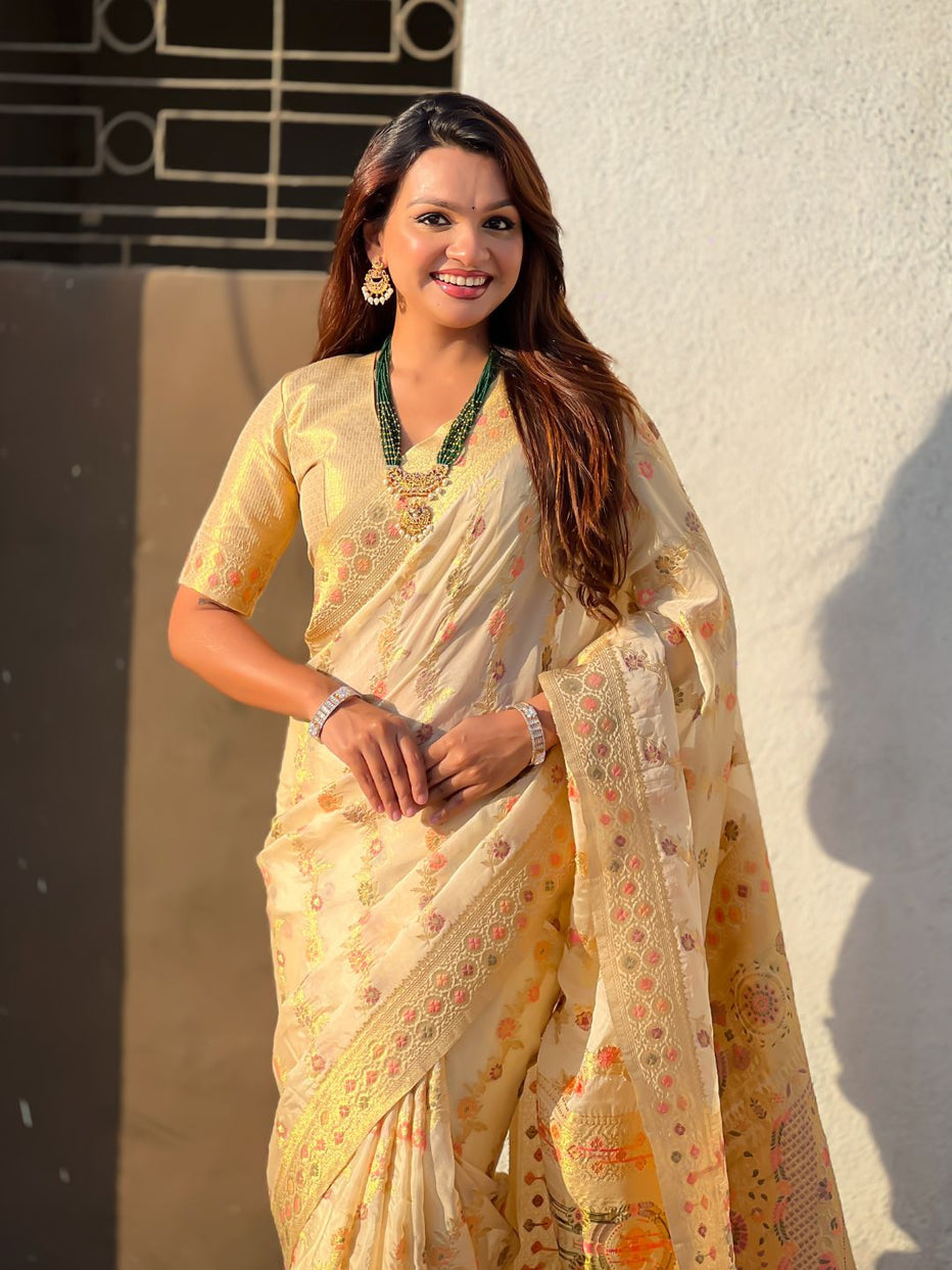 Cream Pure Kora Silk Leheriya Meenakari Weaves Kora Silk Saree 