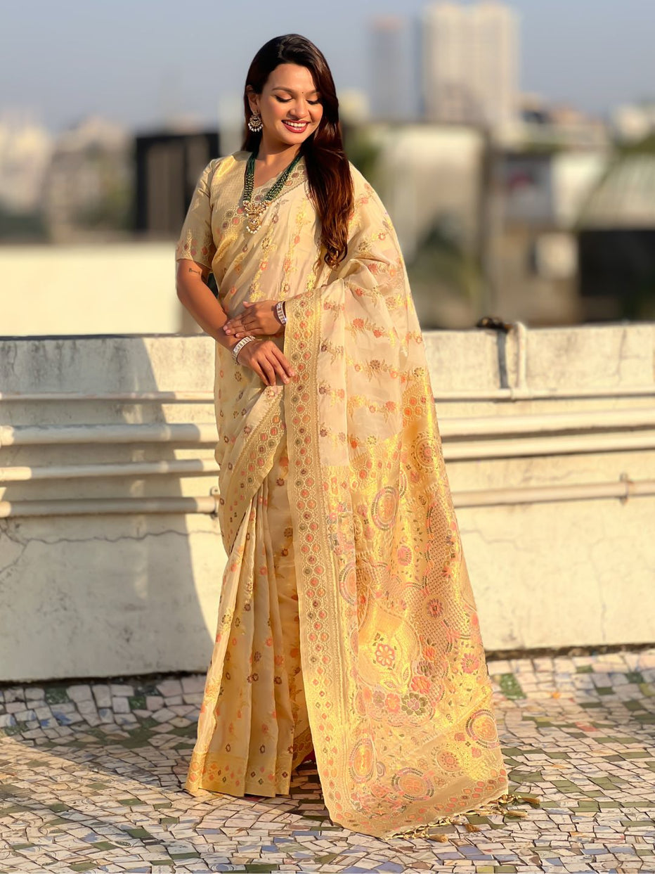 Cream Pure Kora Silk Leheriya Meenakari Weaves Kora Silk Saree ##color## Kora Silk Saree with premium fabric and embroidery