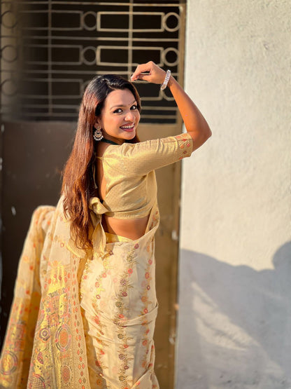 Cream Pure Kora Silk Leheriya Meenakari Weaves Kora Silk Saree 