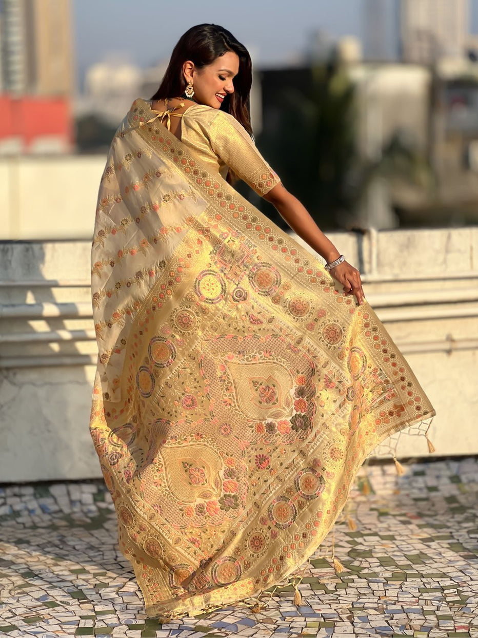 Cream Pure Kora Silk Leheriya Meenakari Weaves Kora Silk Saree ##color## Kora Silk Saree with premium fabric and embroidery