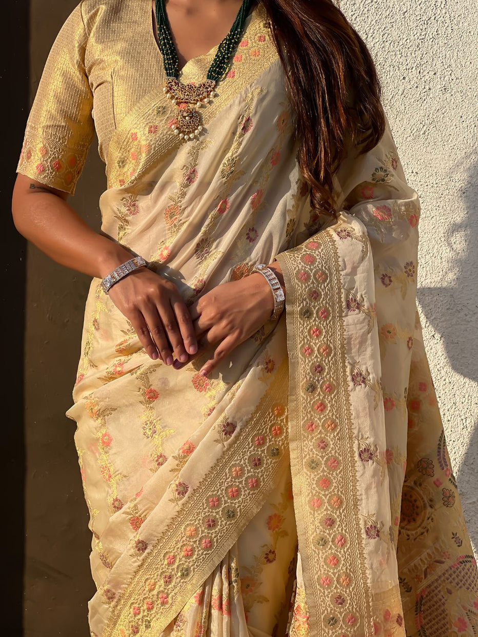 Cream Pure Kora Silk Leheriya Meenakari Weaves Kora Silk Saree 