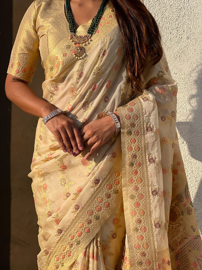 Cream Pure Kora Silk Leheriya Meenakari Weaves Kora Silk Saree 