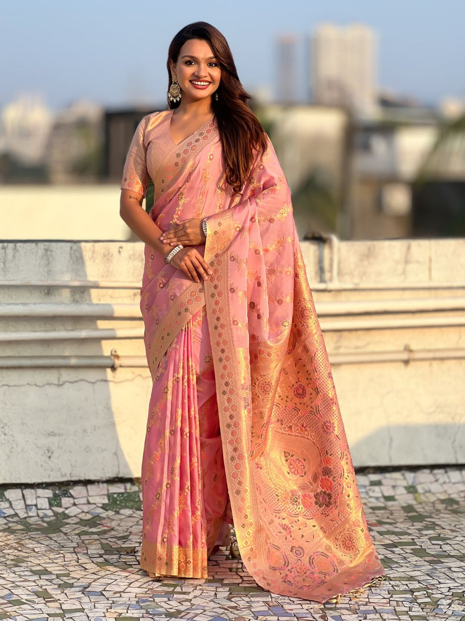 Pink Pure Kora Silk Leheriya Meenakari Weaves Kora Silk Saree 