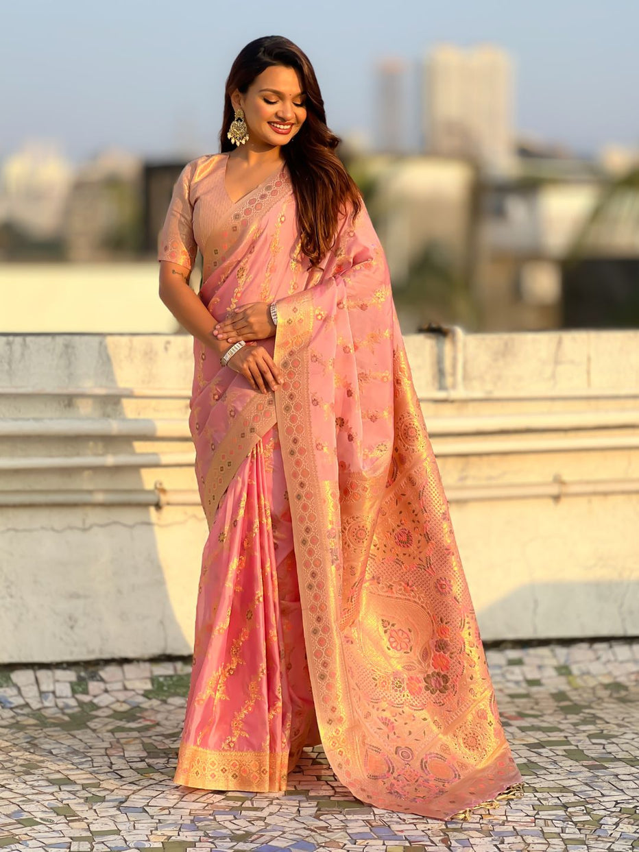 Pink Pure Kora Silk Leheriya Meenakari Weaves Kora Silk Saree 