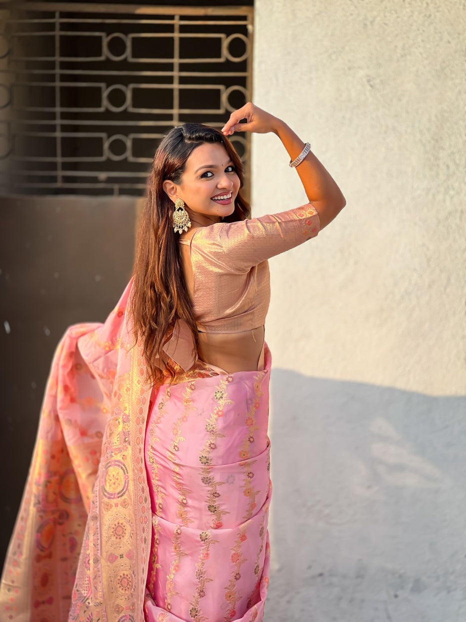 Pink Pure Kora Silk Leheriya Meenakari Weaves Kora Silk Saree ##color## Kora Silk Saree with premium fabric and embroidery