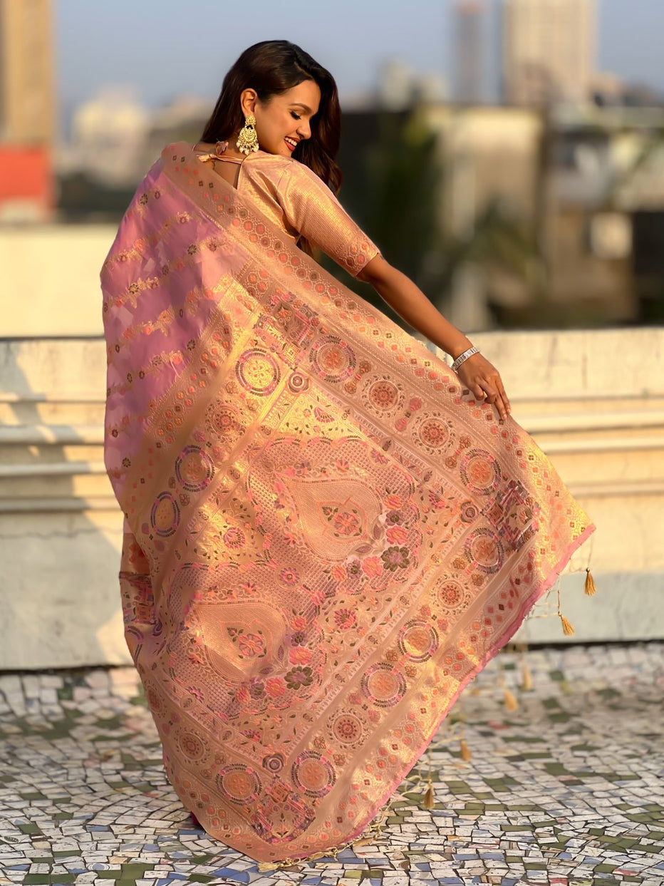 Pink Pure Kora Silk Leheriya Meenakari Weaves Kora Silk Saree 