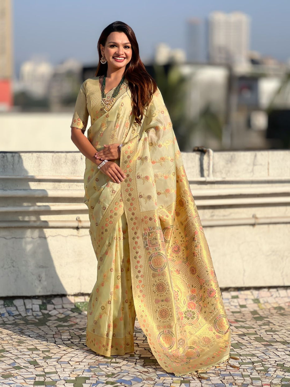 Cream Pure Kora Silk Leheriya Meenakari Weaves Kora Silk Saree