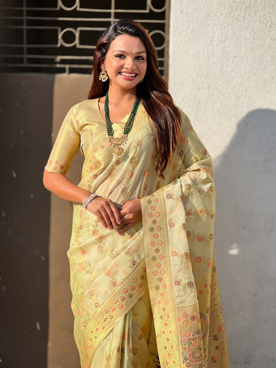 Cream Pure Kora Silk Leheriya Meenakari Weaves Kora Silk Saree