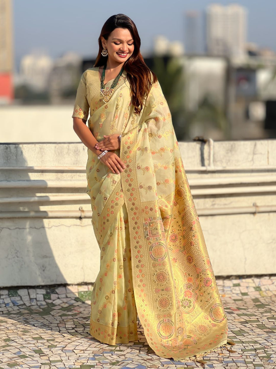 Cream Pure Kora Silk Leheriya Meenakari Weaves Kora Silk Saree