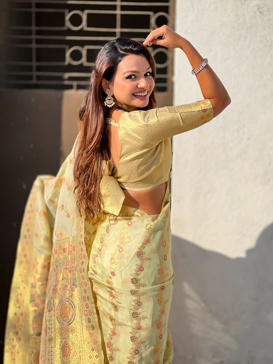 Cream Pure Kora Silk Leheriya Meenakari Weaves Kora Silk Saree