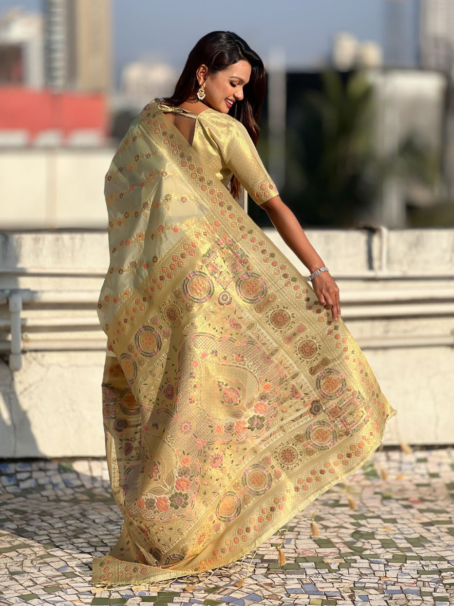 Cream Pure Kora Silk Leheriya Meenakari Weaves Kora Silk Saree