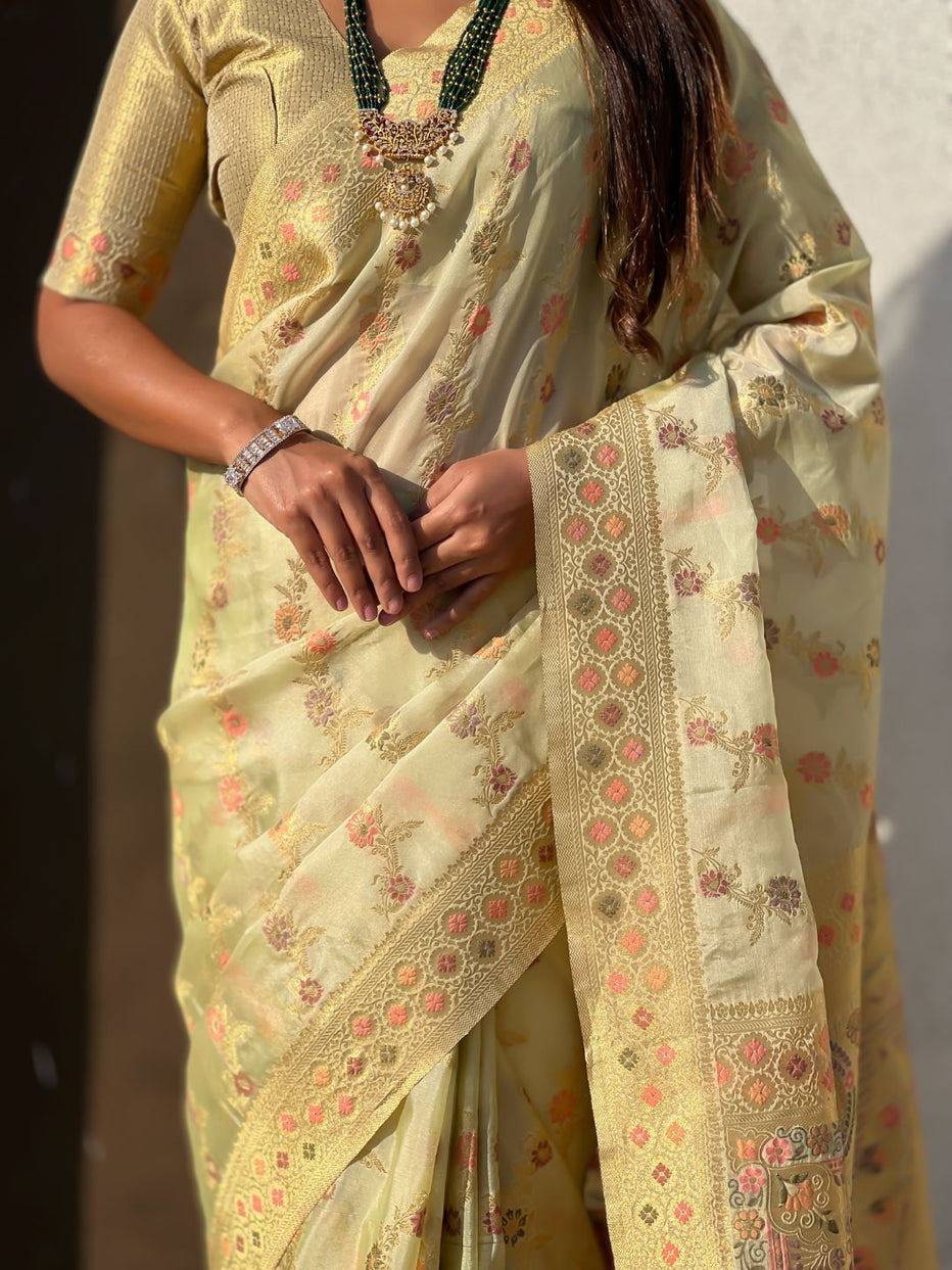 Cream Pure Kora Silk Leheriya Meenakari Weaves Kora Silk Saree