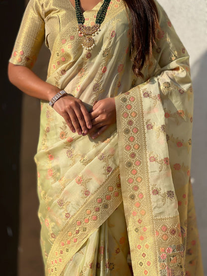 Cream Pure Kora Silk Leheriya Meenakari Weaves Kora Silk Saree