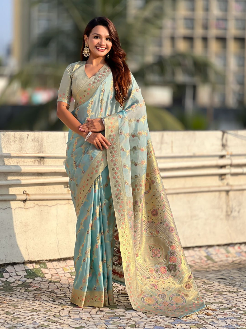Sky Pure Kora Silk Leheriya Meenakari Weaves Kora Silk Saree ##color## Kora Silk Saree with premium fabric and embroidery