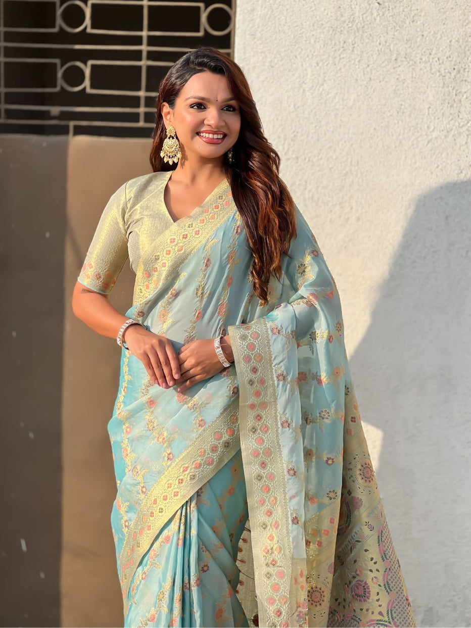 Sky Pure Kora Silk Leheriya Meenakari Weaves Kora Silk Saree ##color## Kora Silk Saree with premium fabric and embroidery