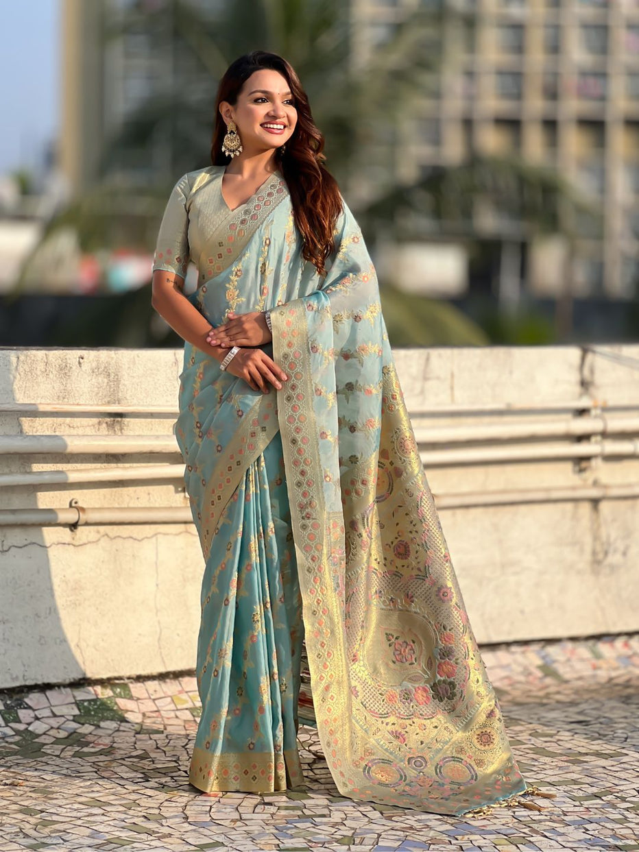 Sky Pure Kora Silk Leheriya Meenakari Weaves Kora Silk Saree ##color## Kora Silk Saree with premium fabric and embroidery
