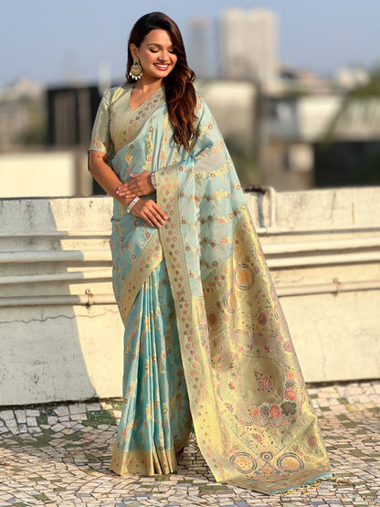 Sky Pure Kora Silk Leheriya Meenakari Weaves Kora Silk Saree 